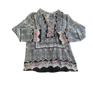 Sundance Black and White 100% Silk Blouse Vita Beaded Long Sleeve Size M